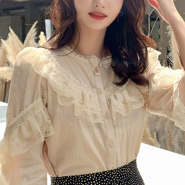 Womens Tops and Blouses 2020 Cotton Linen Blouse Button Solid Stand Collar Ladies Lace Tops Women Shirts Blusas Feminine 8049 50 - Image 3
