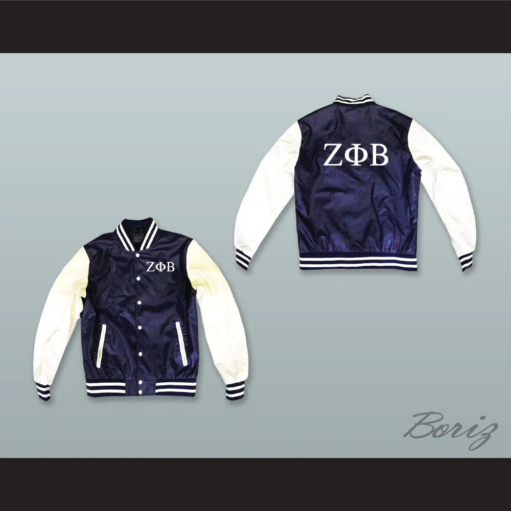 Zeta Phi Beta Sorority Navy Blue and White Lab Leather Varsity Letterman Jacket - Image 4