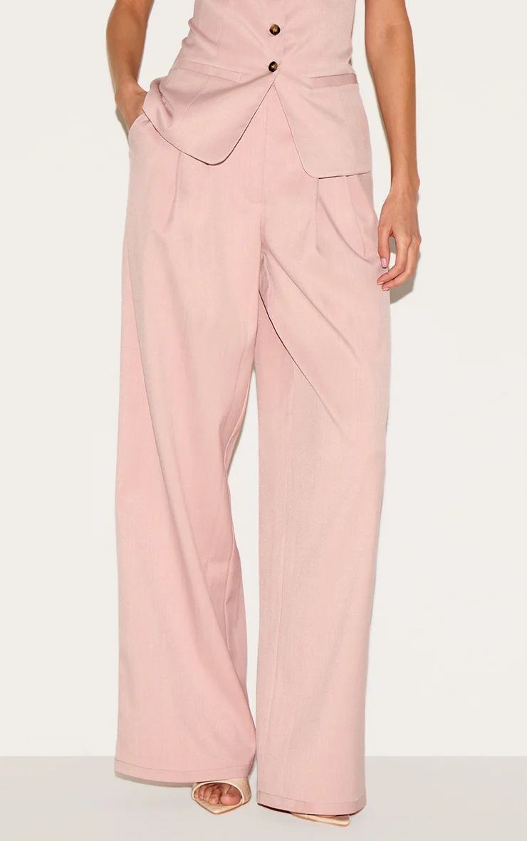 Light Pink Tailored Woven Pleated Wide Leg Trousers - Image 3